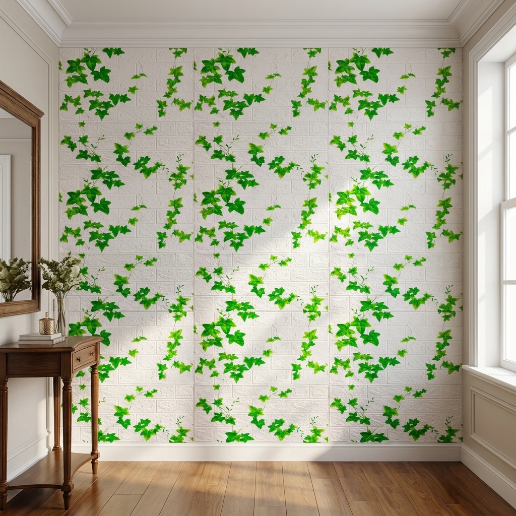 panel_color_fix Самоклеящиеся 3д панели «Зеленый плющ на белом кирпиче» 70×77×4 мм — эффект живой стены — изображение 1